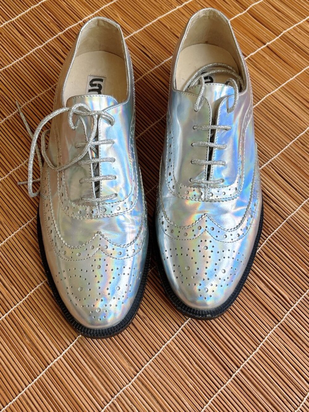 Holographic Silver Brogue Oxfords – Size 7–7.5